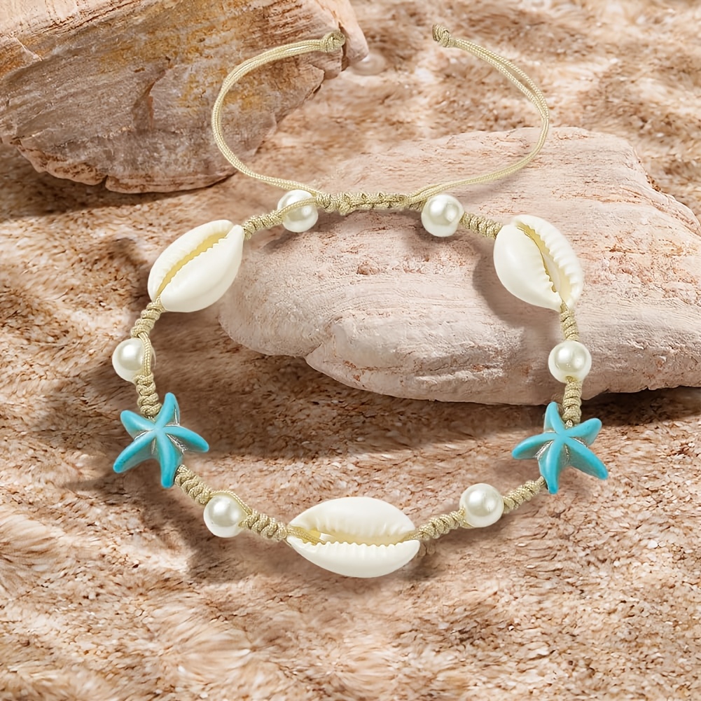 Two Shell-Woven Anklets with Starfish and Turtle Decorations